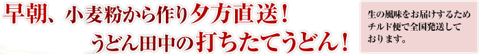 早朝、小麦粉から作り夕方直送！うどん田中の打ちたてうどん！生の風味をお届けするためチルド便で全国発送しております。